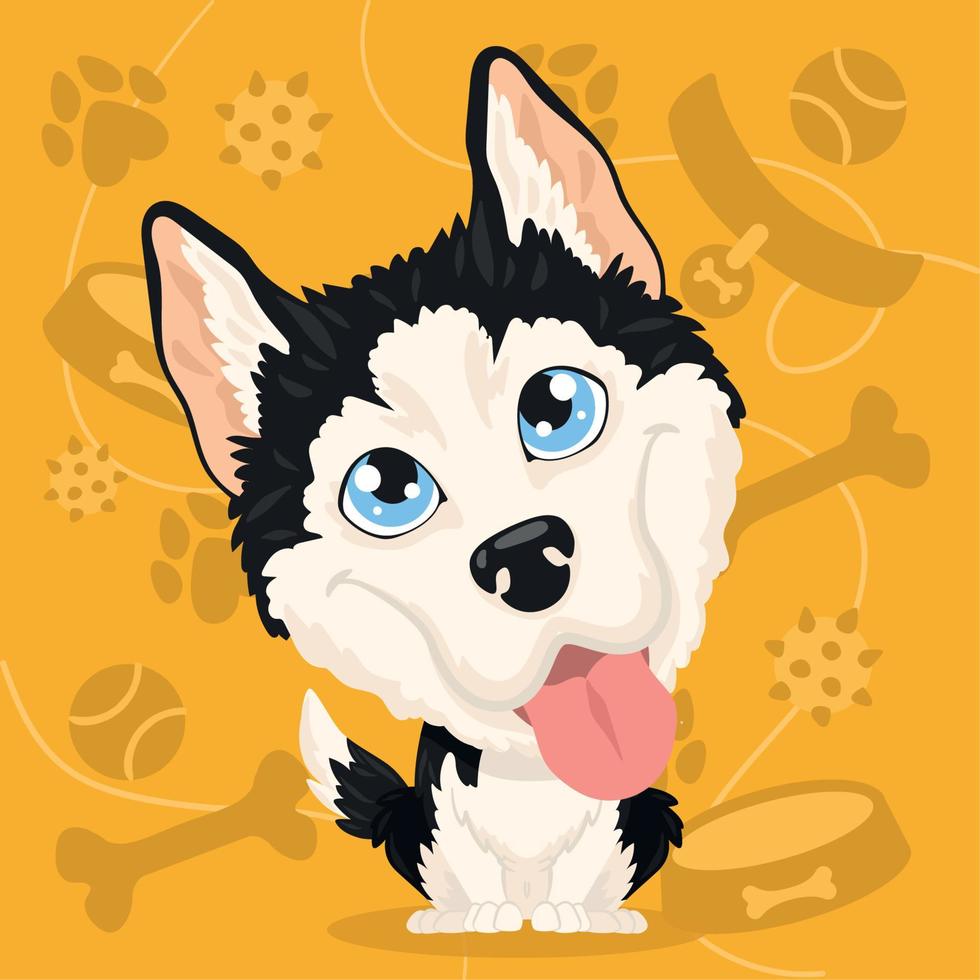 personaje de perro husky lindo aislado con vector de fondo de juguetes para mascotas