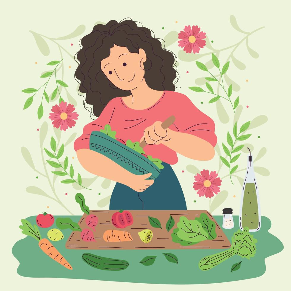 personaje de niña feliz haciendo un vector de estilo de vida vegano de ensalada