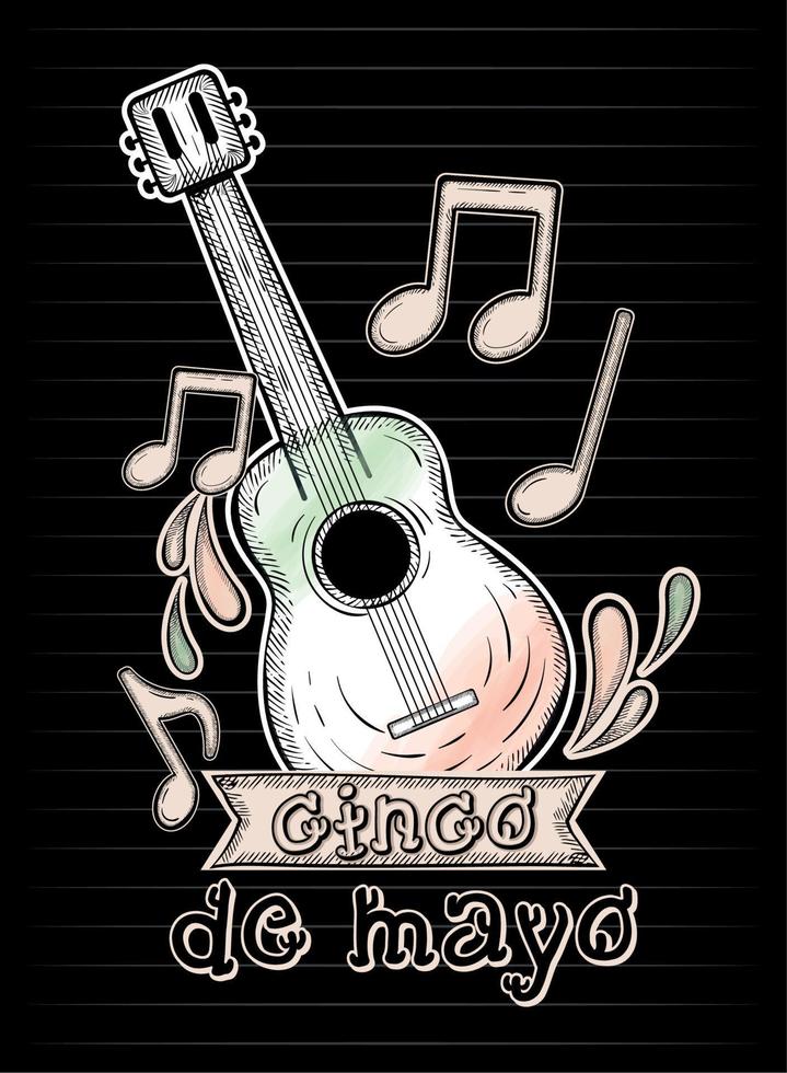 Sketch of a wooden guitar with musical notes Vintage Cinco de mayo Vector