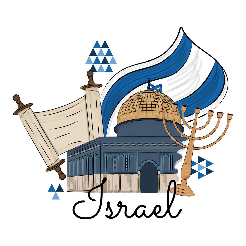 promoción de viajes de israel de colores con edificios de sinagoga y vector de objetos judíos