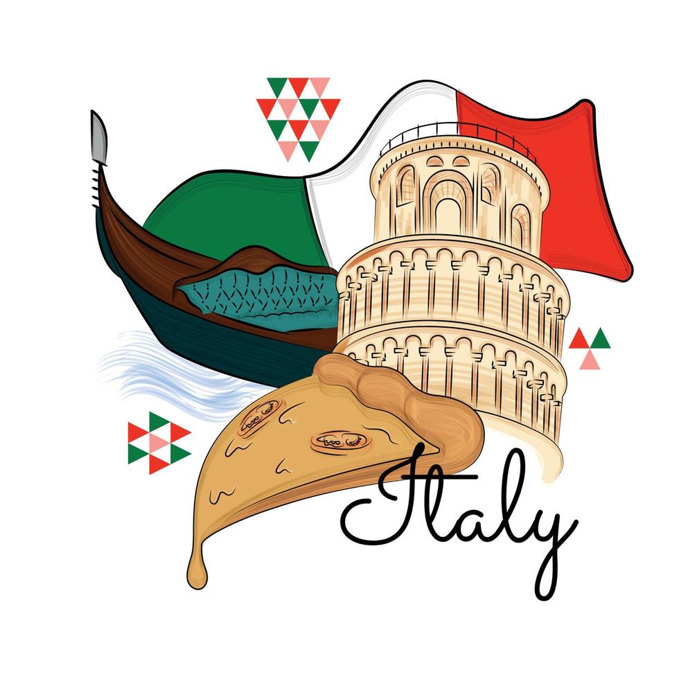 promoción de viajes de italia de colores con torre de pisa y vector de pizza