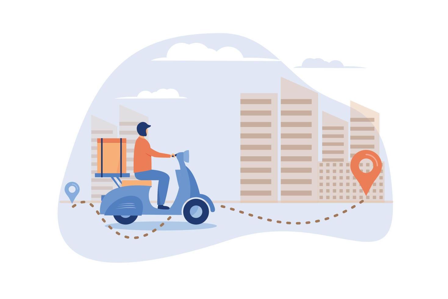 Courier shipping package at moped flat vector illustration. Order and express delivery concept.