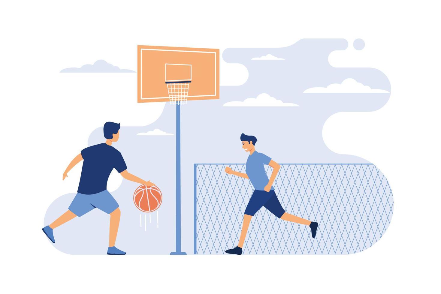 Sport games outdoors concept. Two athletic young men playing basketball in urban stadium. vector