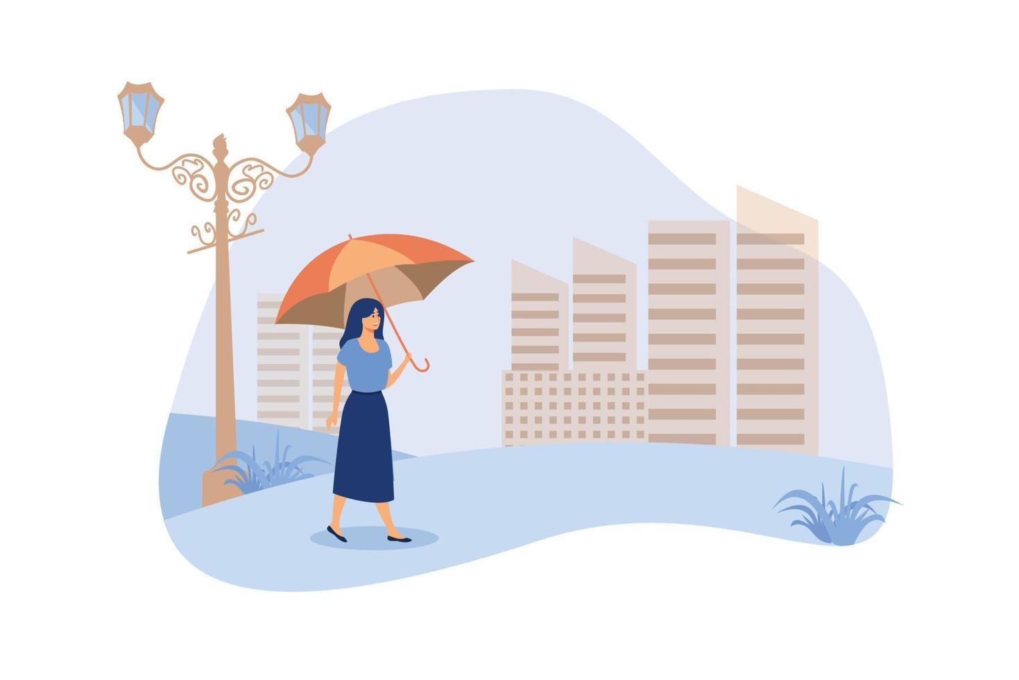 mujer caminando en clima lluvioso en el parque. edificios de la ciudad en el fondo. vector