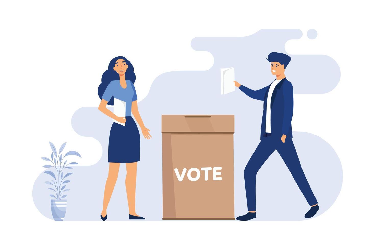 Voter holding paper voting ballot in hand for election. People standing at vote box flat vector illustration.