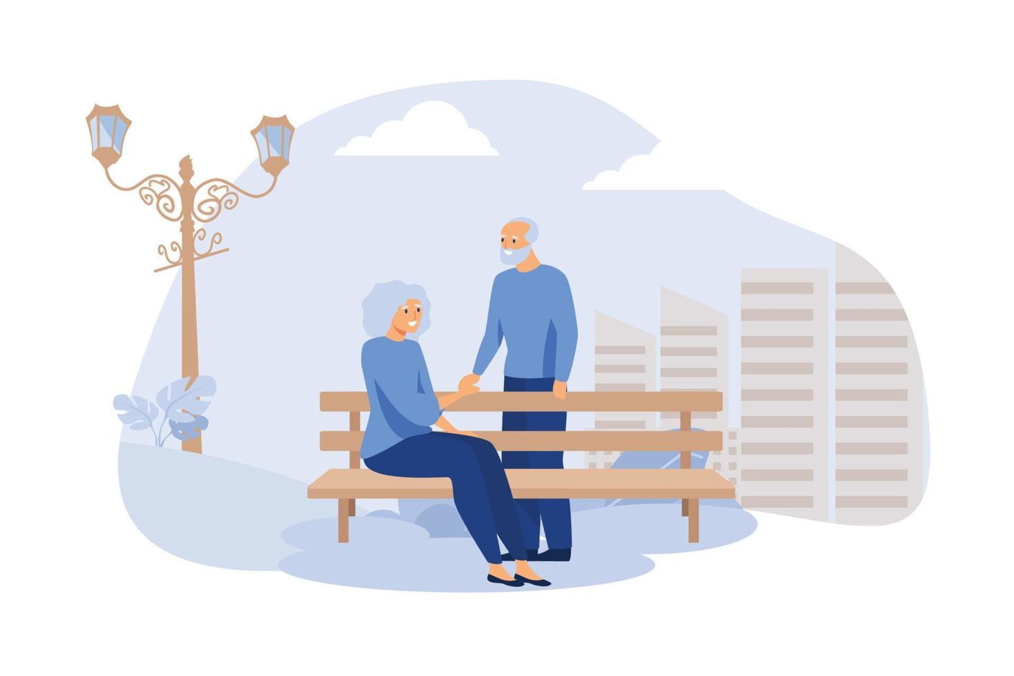 Happy senior couple sitting on bench in park isolated flat vector illustration