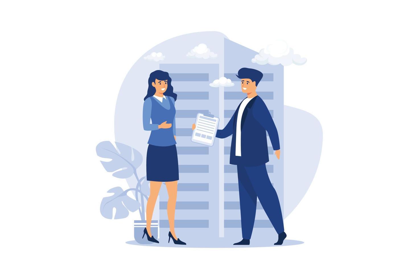 Manager giving document to female boss for signing. Leader, male assistant, agreement. Flat vector illustration. Contract, business, paperwork concept for banner, website design or landing web page