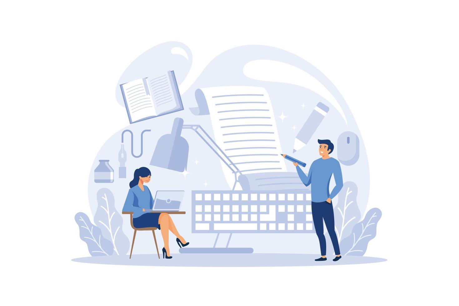 Professional writer or journalist concept illustration. Idea of creative people and profession. Author writing script of a novel. Isolated vector illustration in flat style