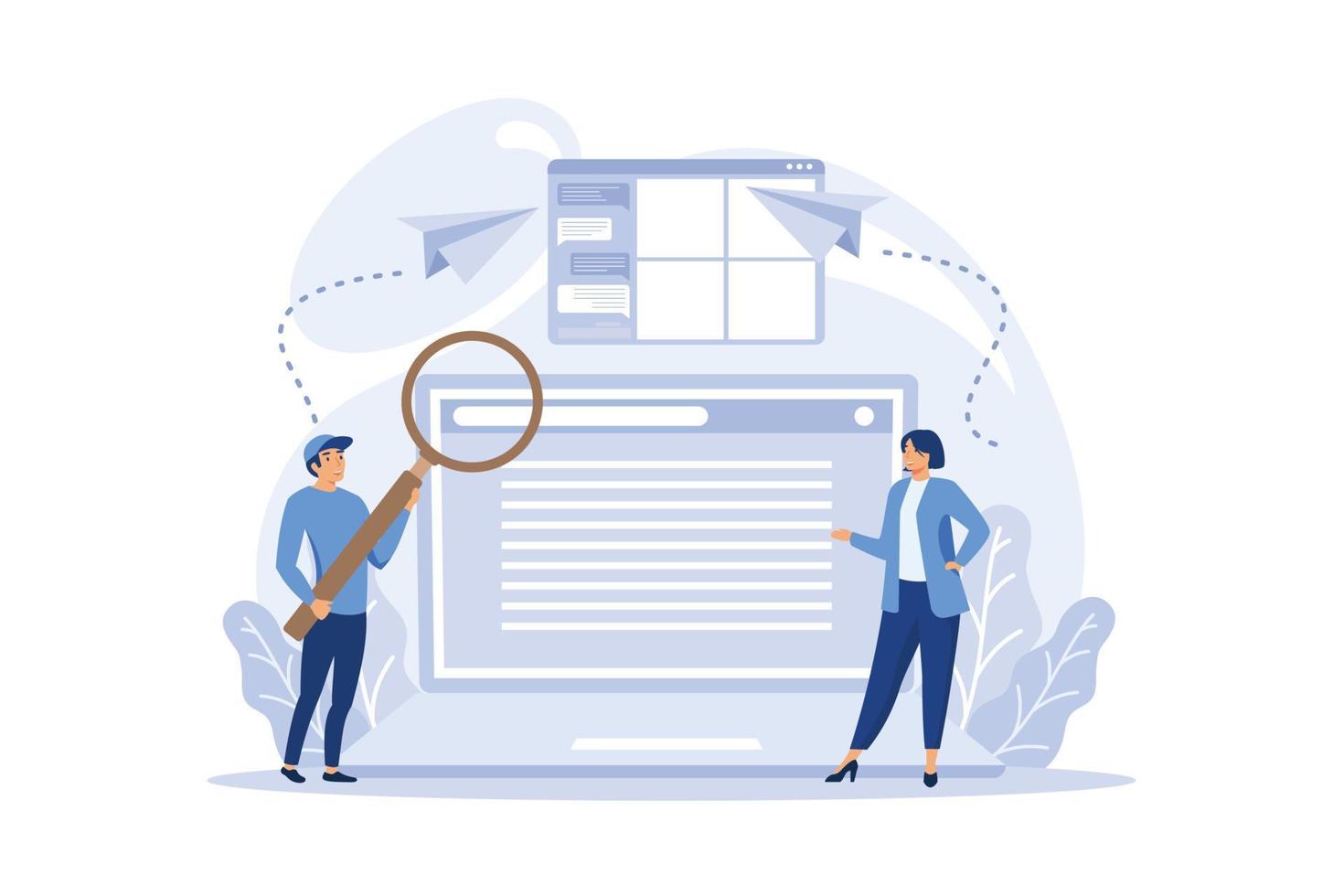 conjunto de conceptos de analista de sitios web. mejora de la página web para la promoción comercial como parte de la estrategia de marketing. análisis de sitios web para obtener datos para seo. ilustración moderna de diseño plano vector