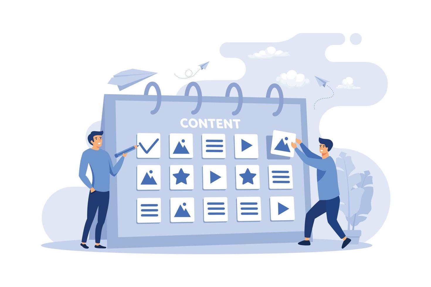 Happy SEO planning campaign for social media isolated flat vector illustration. Cartoon tiny characters standing near calendar with plan for website content. development and communication concept.