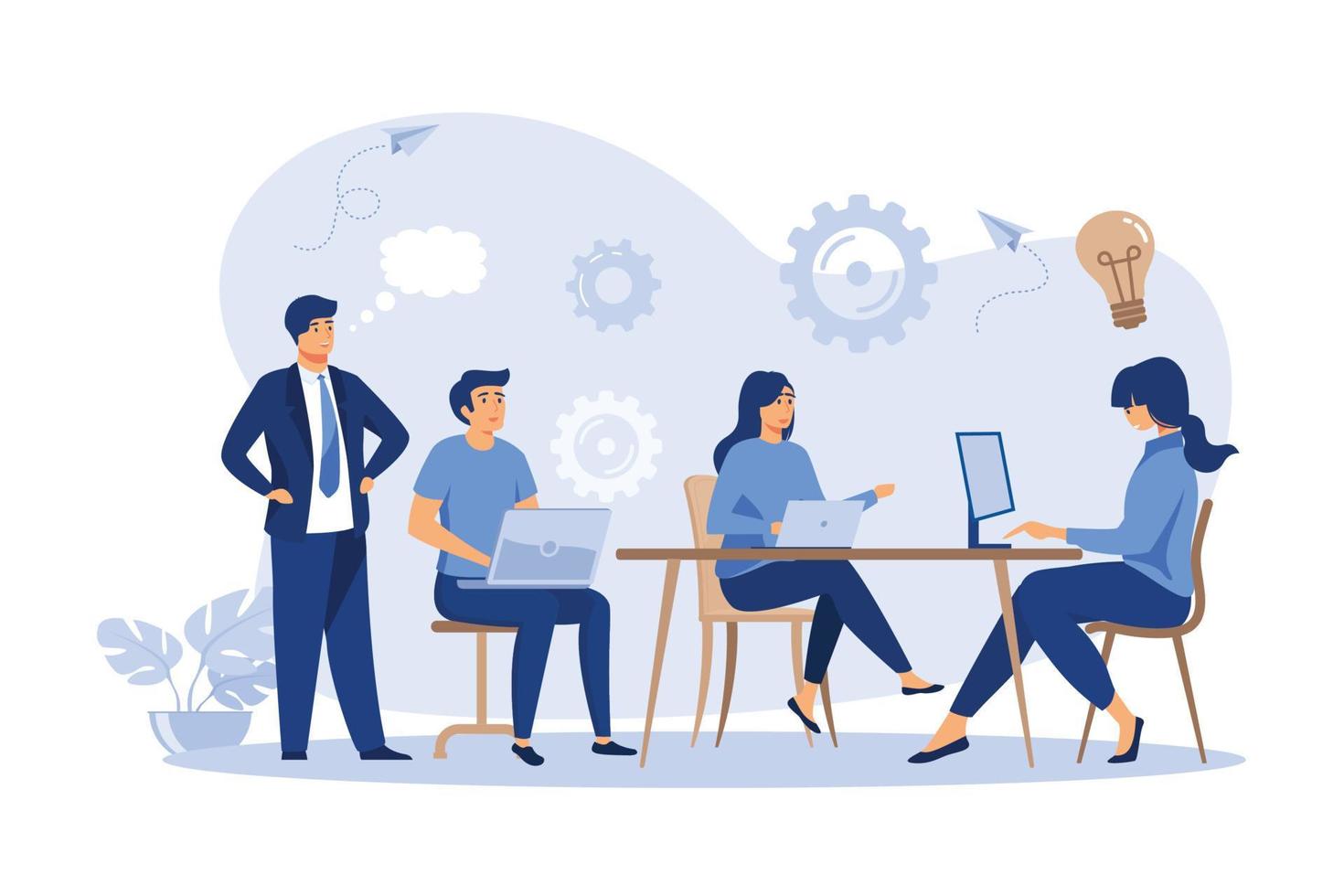 Company employees planning task and brainstorming flat vector illustration. Cartoon people sharing ideas and meeting. flat design modern illustration