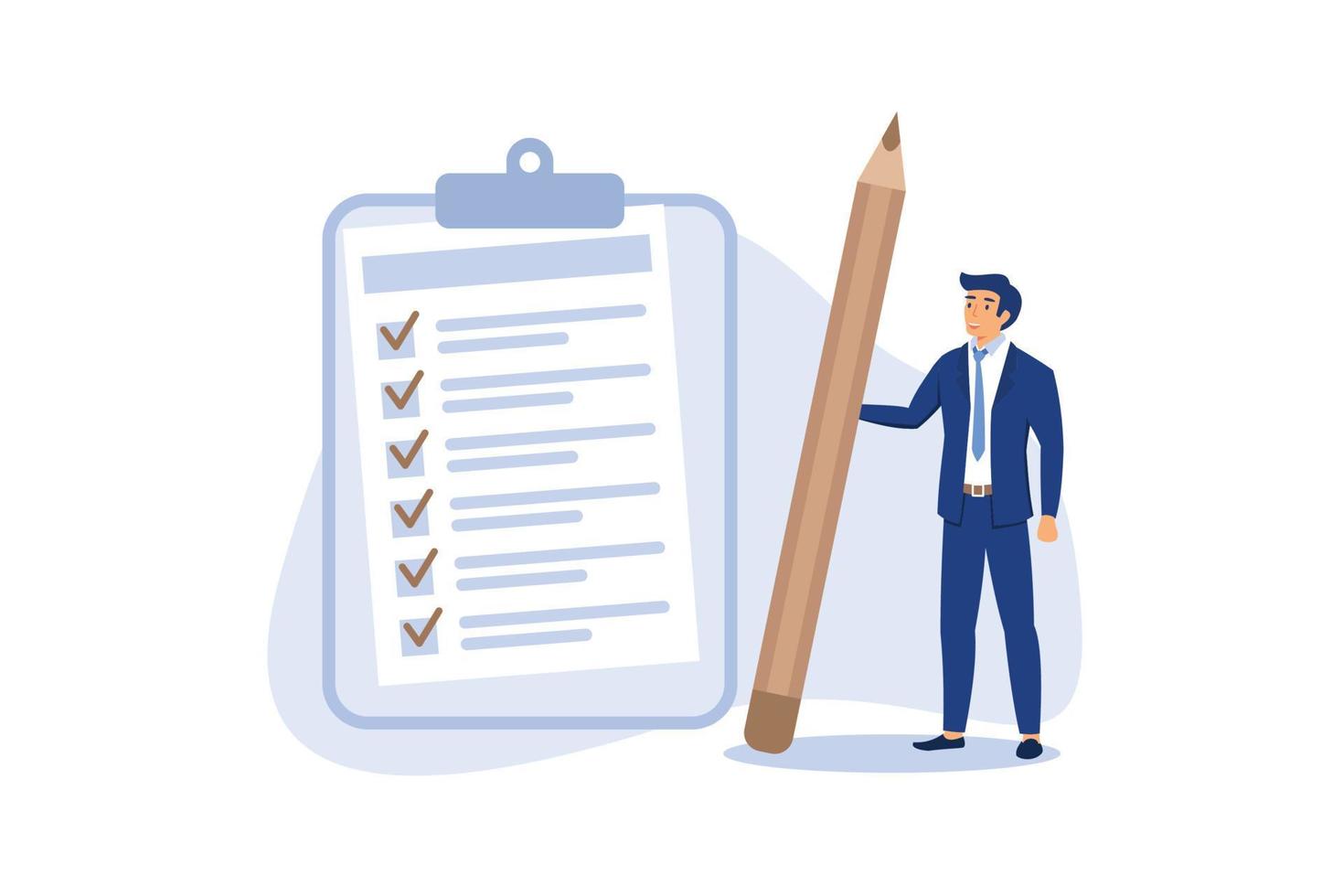 Checklist for work completion, review plan, business strategy or todo list for responsibility and achievement concept, confident businessman standing with pencil after completed all tasks checklist. vector
