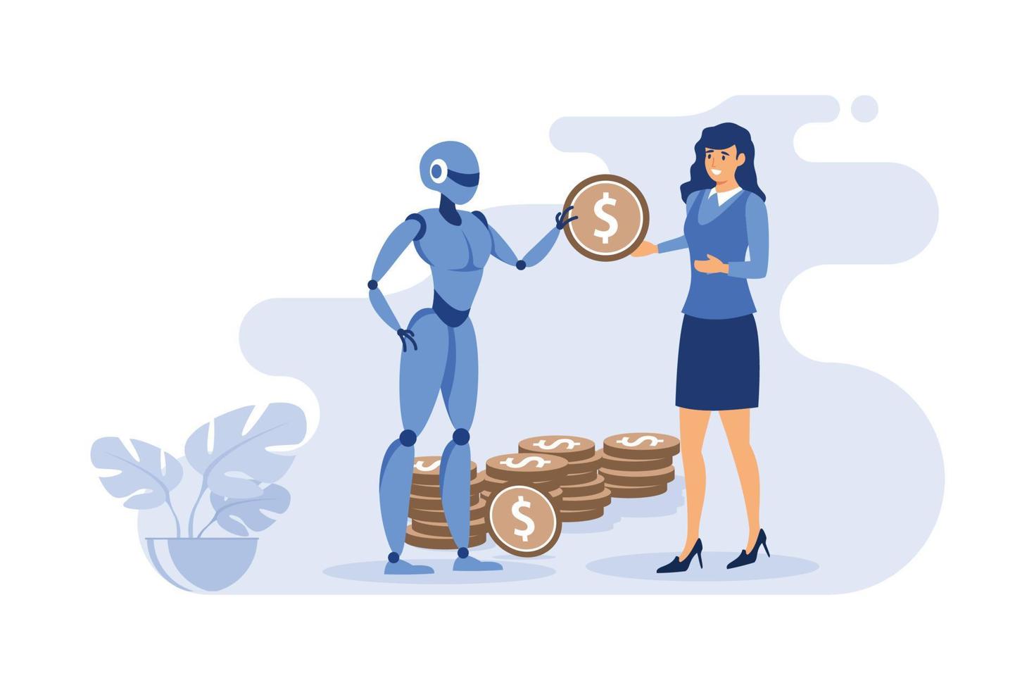 The robot gives a gold coin to the girl. The robot brings profit to the business. vector