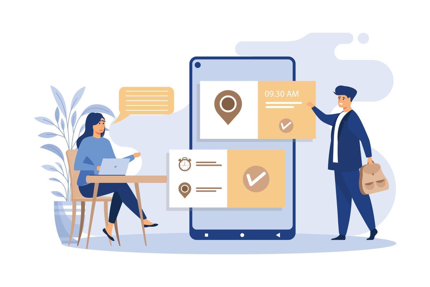 People using online appointment and booking app. Mean and woman planning meeting, setting date in mobile interface. Vector illustration for business, internet technology concept