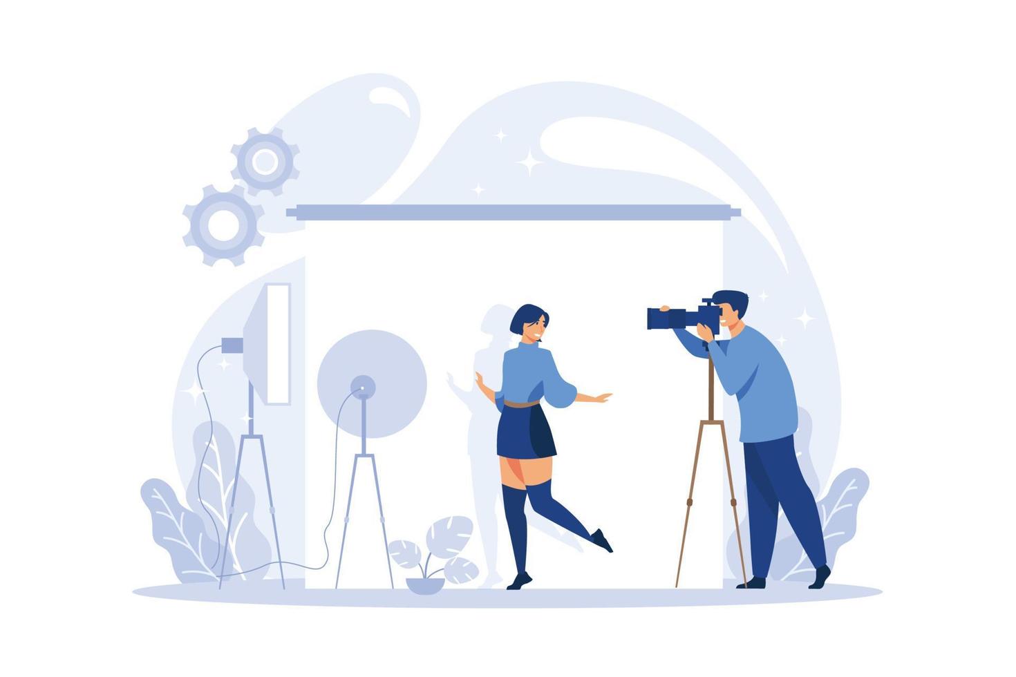 a photographer takes pictures of a model in the studio. Vector illustration.