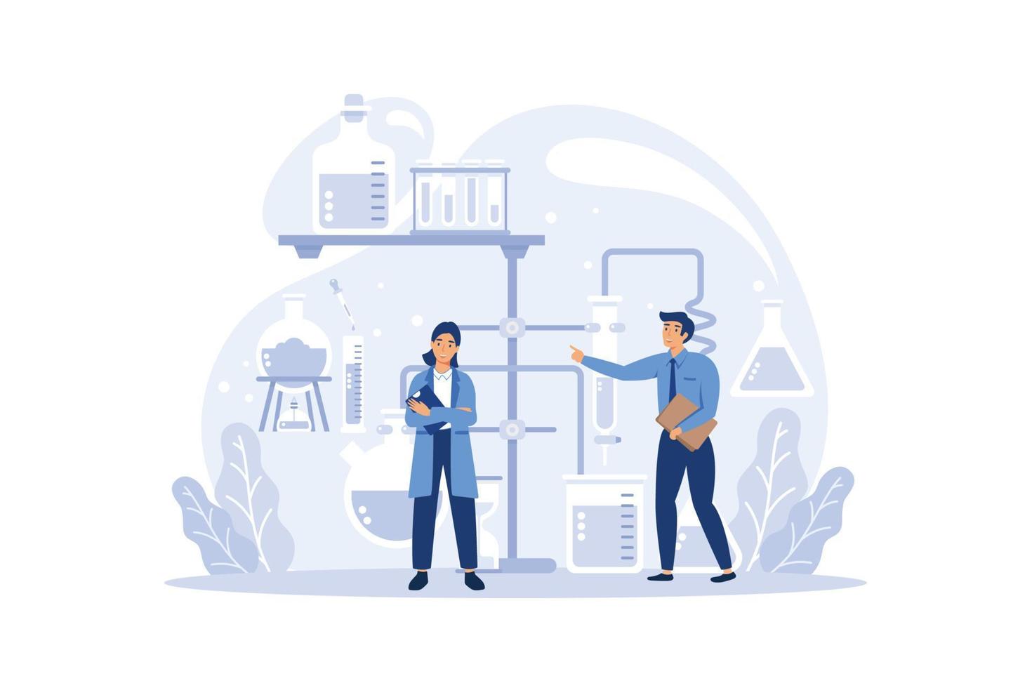 Chemistry studying concept. Chemistry lesson. Scientific experiment in the laboratory with chemical equipment. Isolated vector illustration in flat style