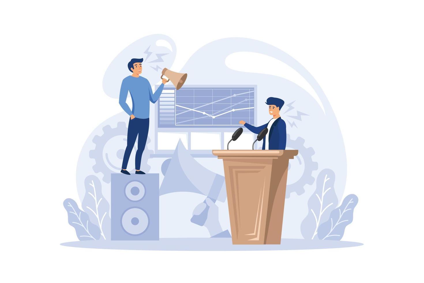 Professional speaker concept. Rhetoric or elocution specialist speaking to a microphone. Business seminar speaker. Broadcasting or public address. Flat vector illustration