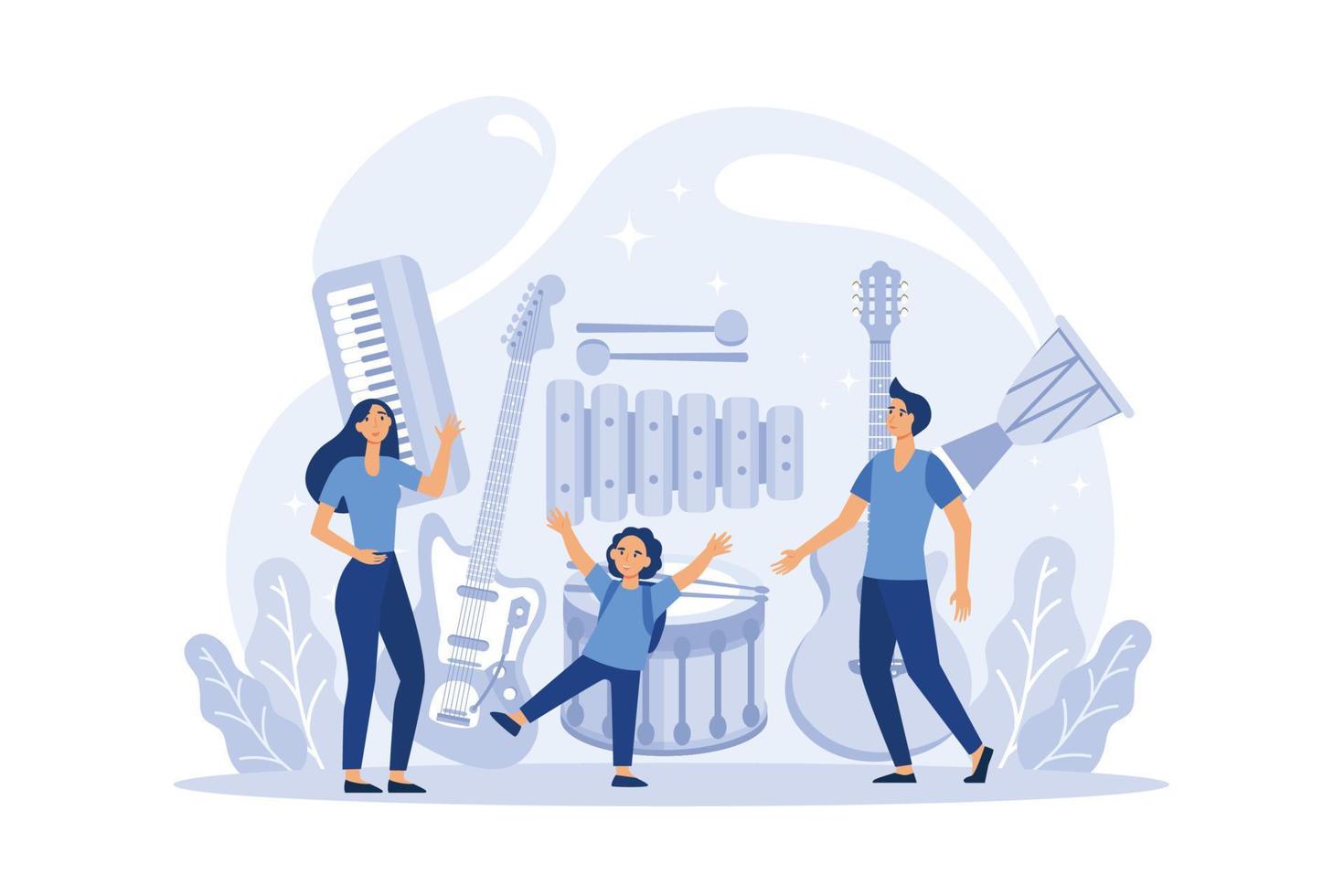 Music club or class. Students learn to play music. Young musician playing musical instruments. Vocal and salfeggio lesson. Flat vector illustration