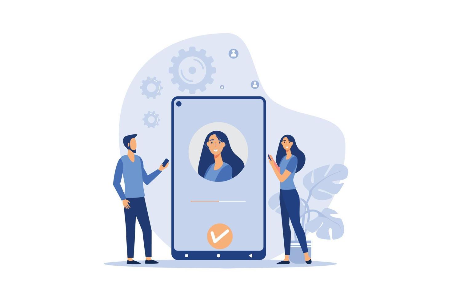reconocimiento facial y seguridad de datos. usuarios de teléfonos móviles que obtienen acceso a los datos después de la verificación biométrica. para verificación, acceso de identificación personal, concepto de identificación vector