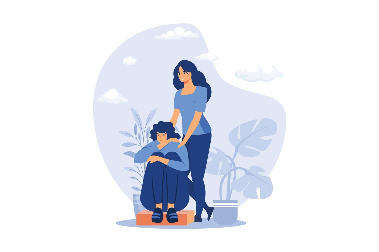 Woman giving comfort and support to friend, keeping palms on her shoulder. Girl feeling stress, loneliness, anxiety. counseling, empathy, psychotherapy, friendship concept. vector