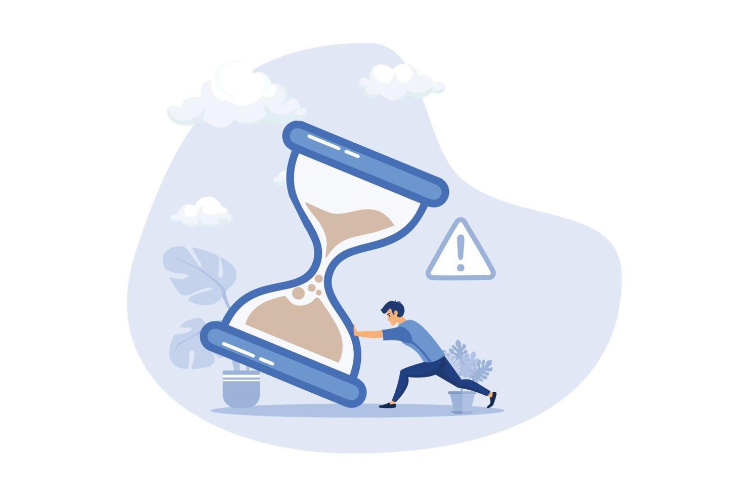 frustrated nervous businessman trying to stop hourglass or sandglass before it fall. Project deadline, running out of time or time management concept, flat design modern illustration vector