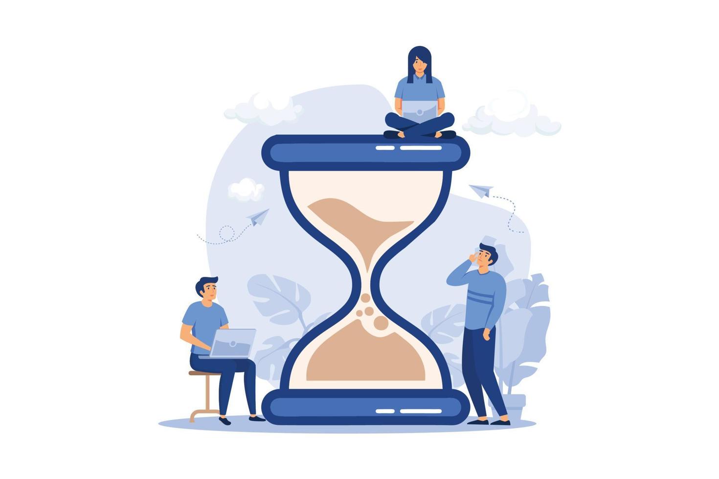 Tiny people and huge sand glass flat vector illustration. Cartoon team working together with laptops. Time management and business concept. flat design modern illustration