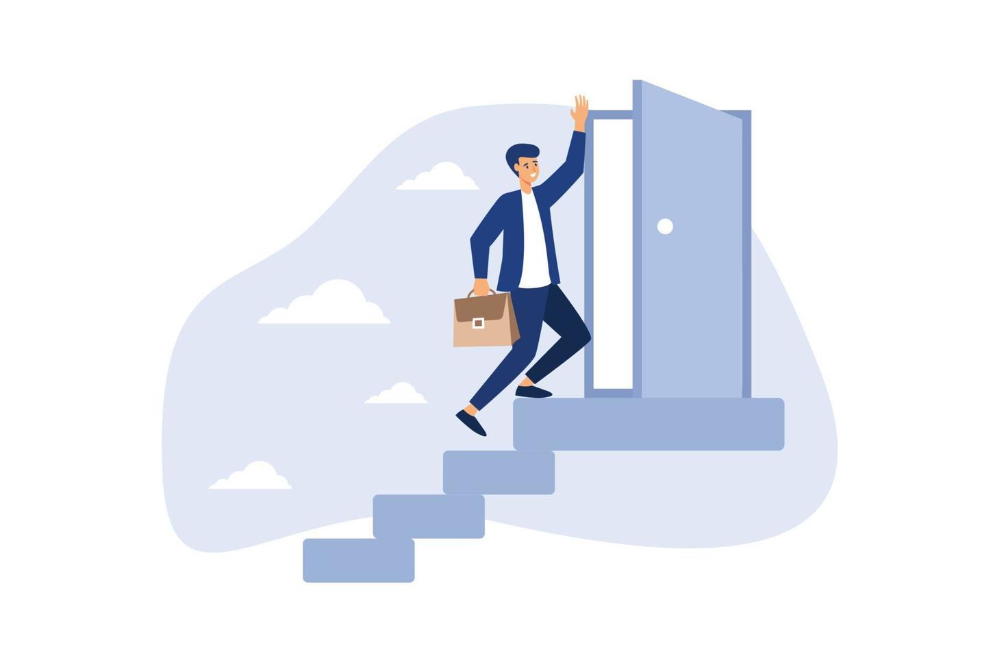 Open new opportunity door, career development or business decision for new challenge, success and achievement secret concept, businessman reaching top of stairway open bright light opportunity door. vector