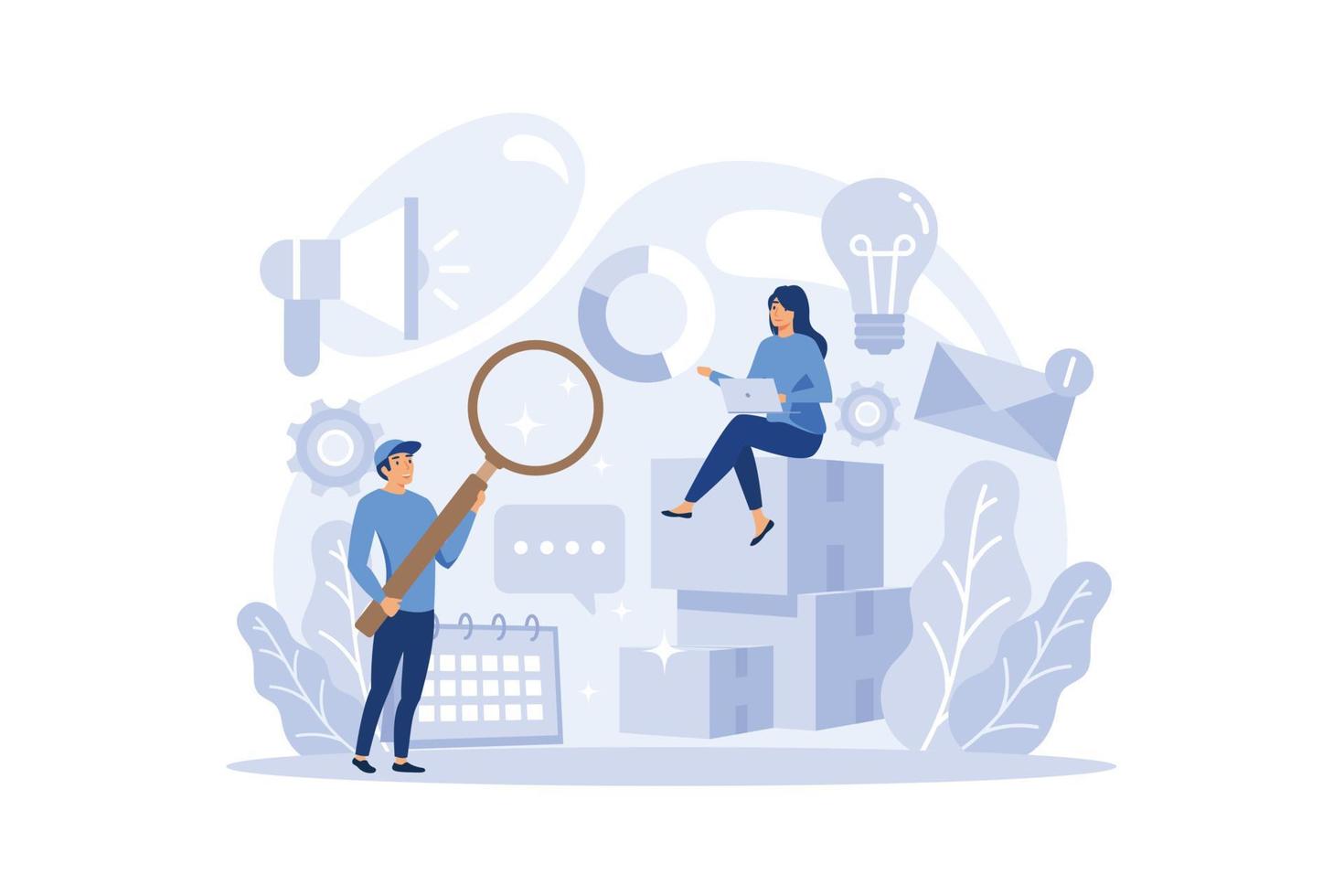 Marketer concept. Advertising and marketing concept. Business strategy and communucation with a customer. Isolated flat vector illustration
