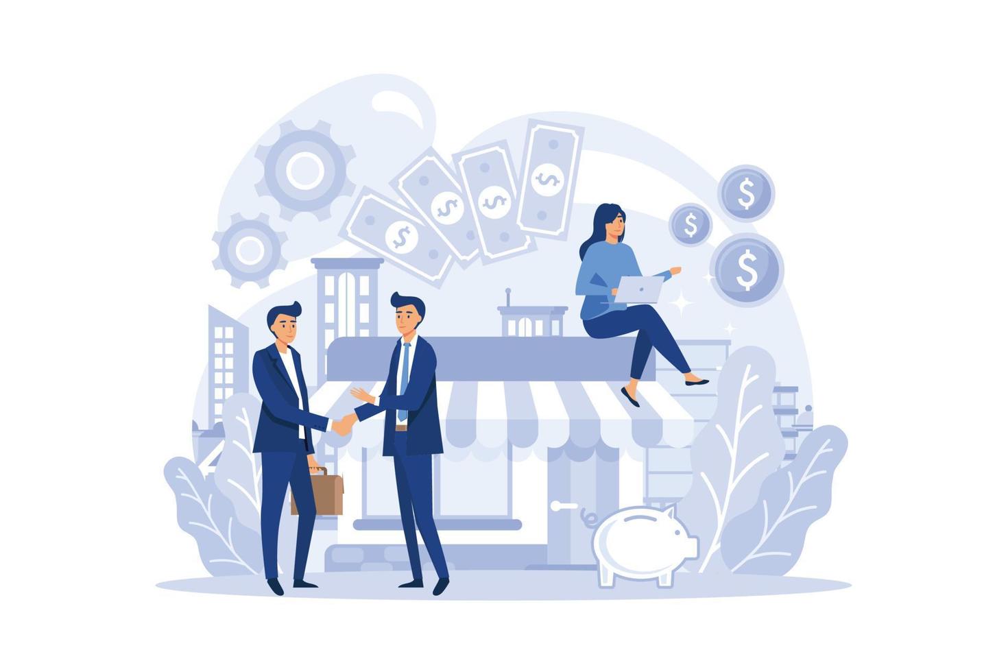 Encashment concept. Armored cash truck security. Money collecting and protection. Professional bank staff in bulletproof uniform. Flat Vector illustration design.