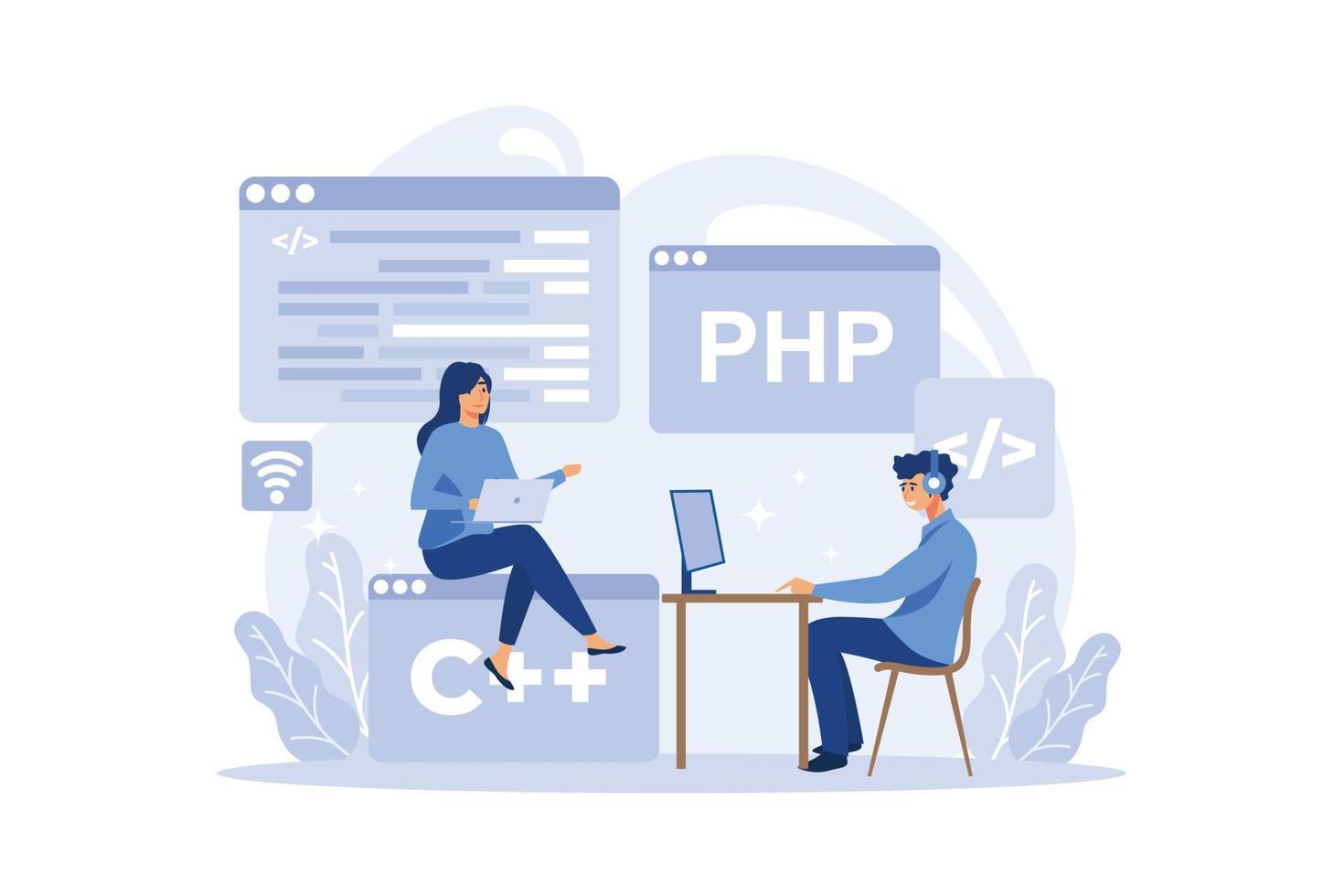 Back end development concept. Software development process. Website interface design improvement. Programming and coding. IT profession. flat design modern illustration vector