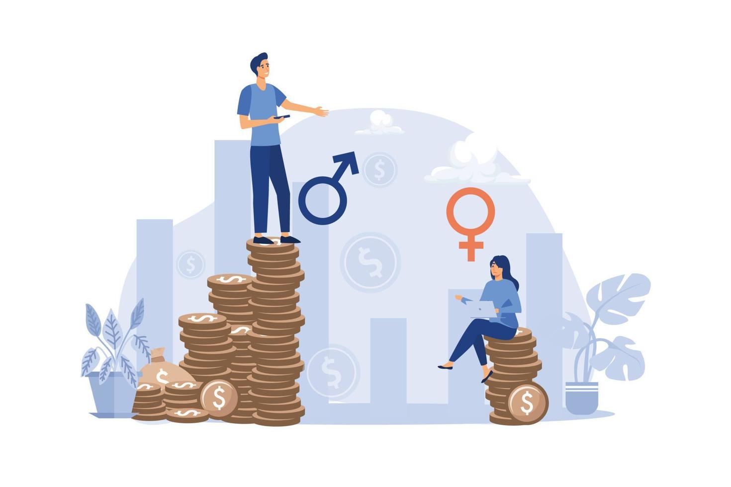 ingresos discriminación de género. hombre y mujer recibiendo diferentes salarios. ilustración vectorial plana. desigualdad, injusticia, concepto de finanzas. ilustración moderna de diseño plano vector