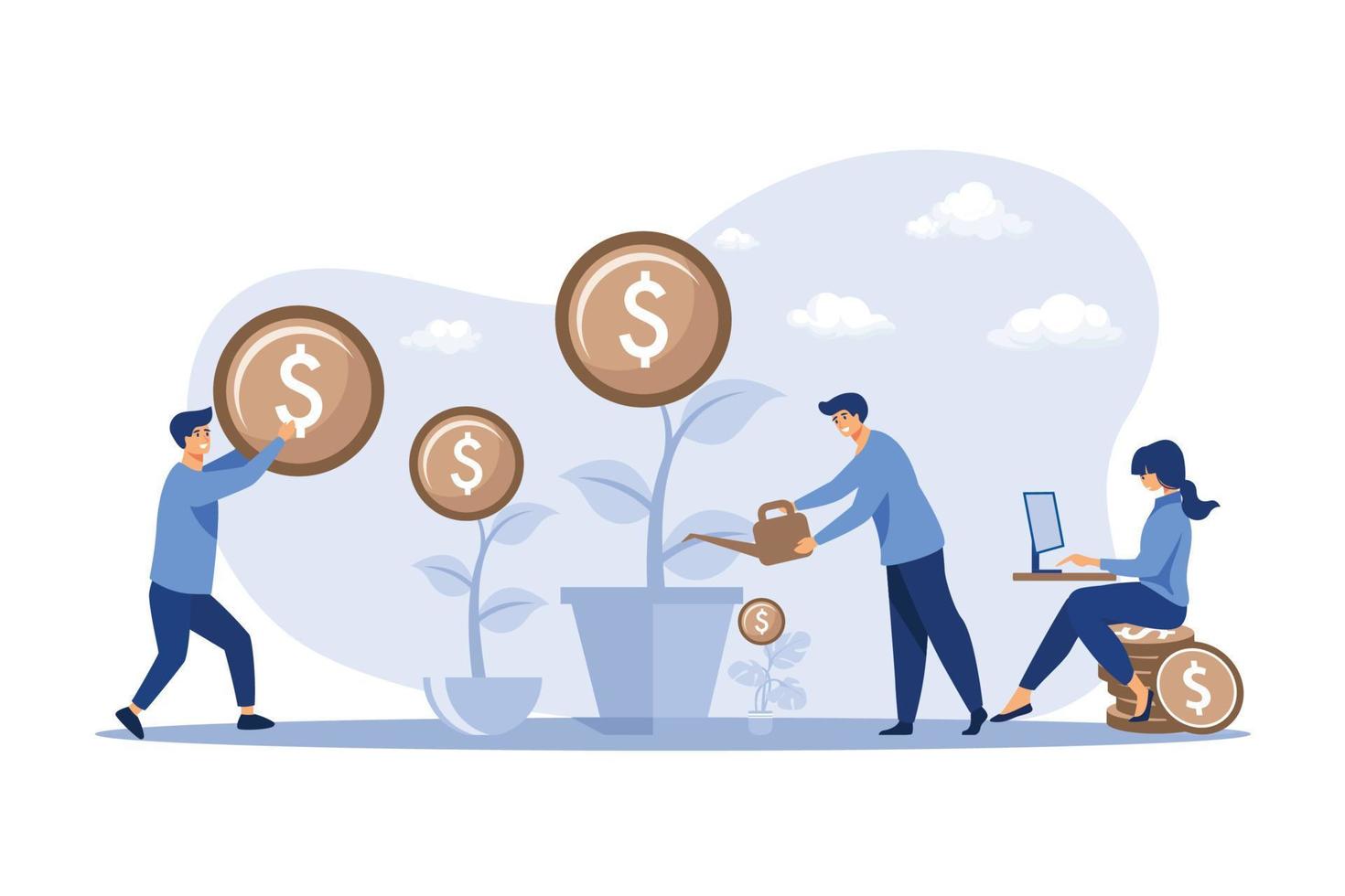 Young investors working for profit, dividend or revenue flat vector illustration. Investment, money and finance concept. flat design modern illustration
