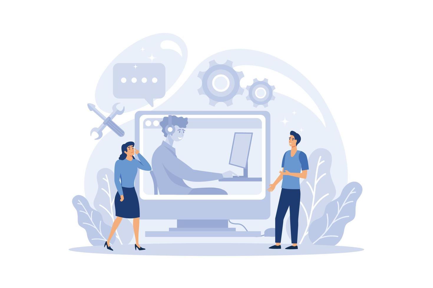 Call center or technical support concept. Idea of customer service. Support clients and help them with problems. Providing customer with valuable information. flat design modern illustration vector