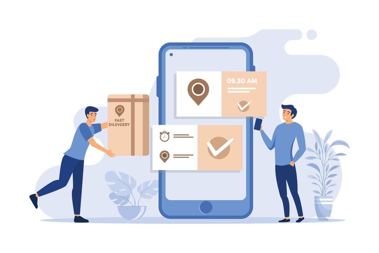 Tiny man ordering products online via smartphone. App, phone, order flat illustration. Fast delivery service and shipment concept for banner,  flat design modern illustration vector