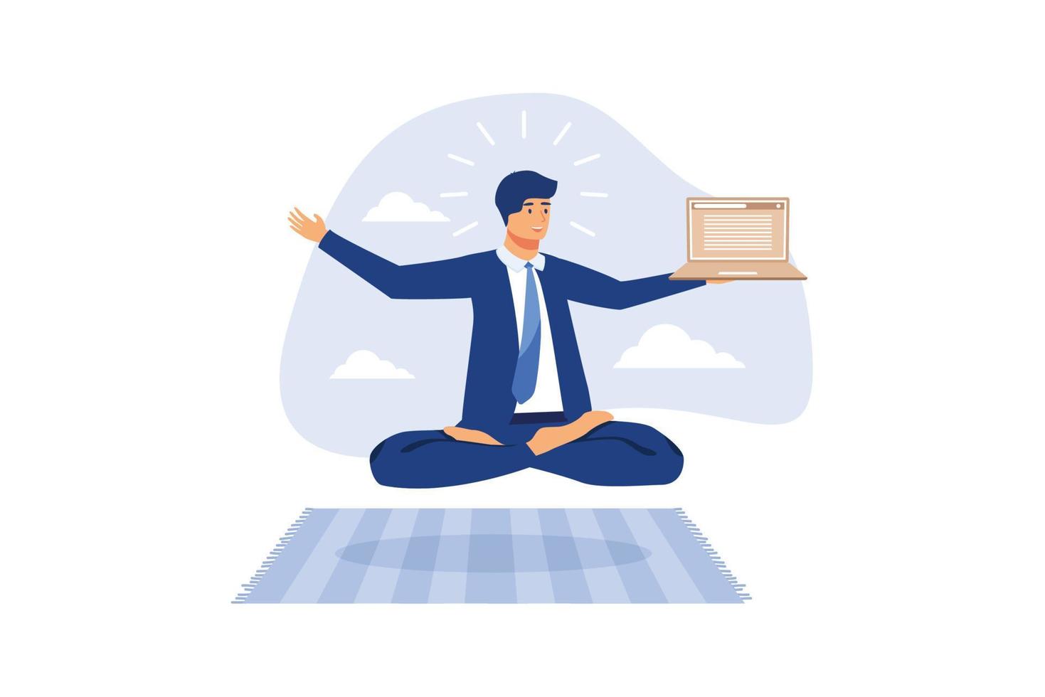 gurú de negocios o experiencia, asesor o consultor profesional, pensamiento inteligente para resolver el concepto de problema, hombre de negocios genio sentado meditando trabajando con una computadora portátil flotando en el aire. vector