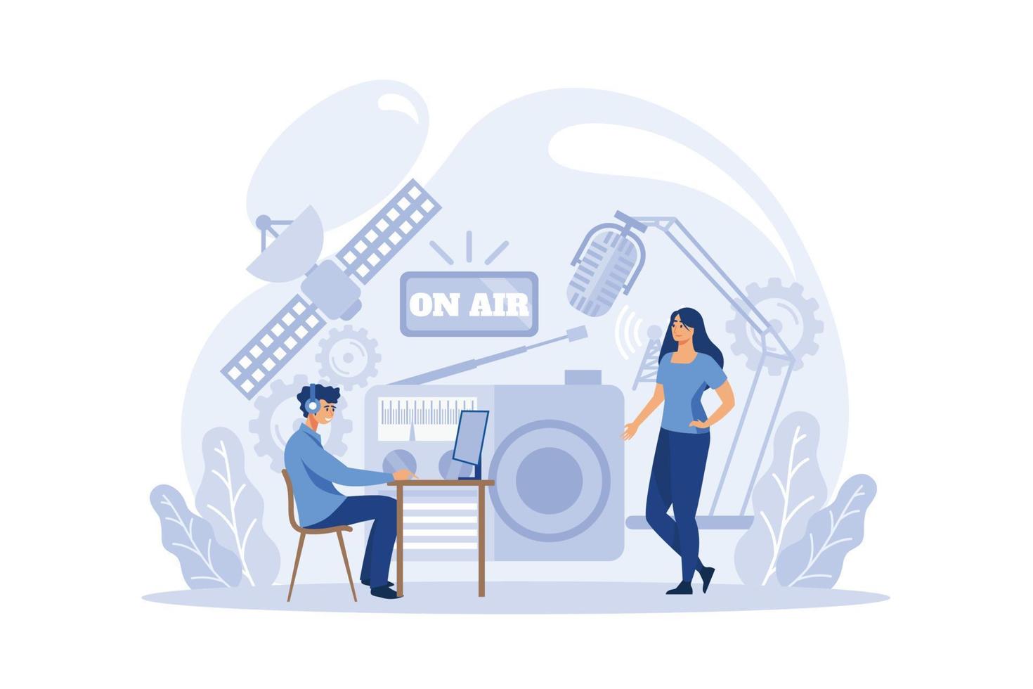 Radio broadcasting concept. Happy radio host with microphone interviewing celebrity woman in studio. People with headset listening to radio podcast vector