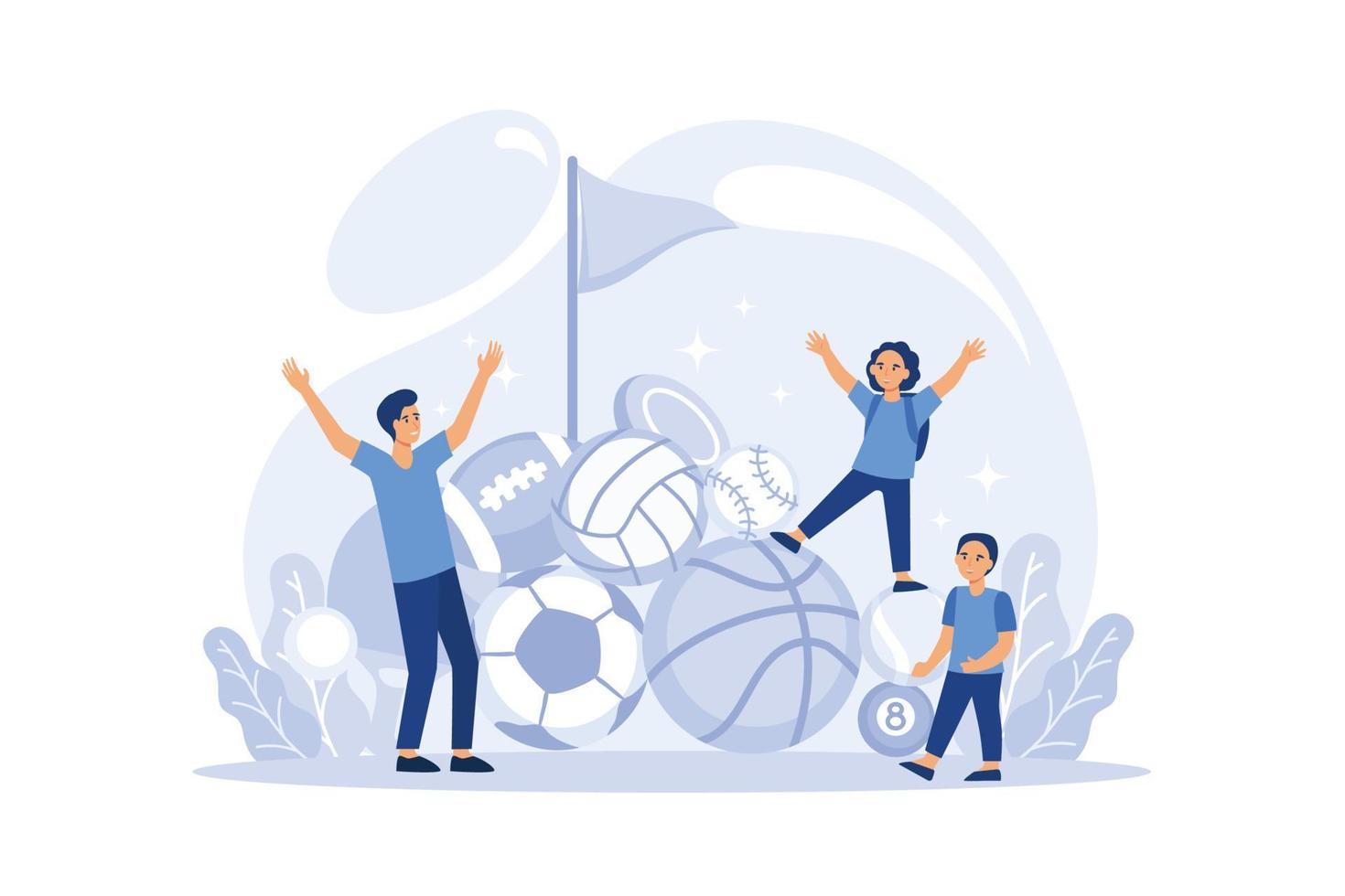 Sport class illustration. Kids doing various sports in physical education class at school. vector