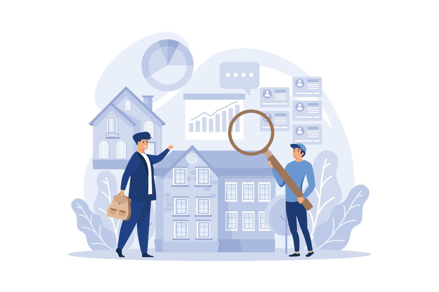 Qualified real estate agent or realtor concept. Realtor assistance and help in mortgage contract. Real estate searching, market analysis. flat design modern illustration vector