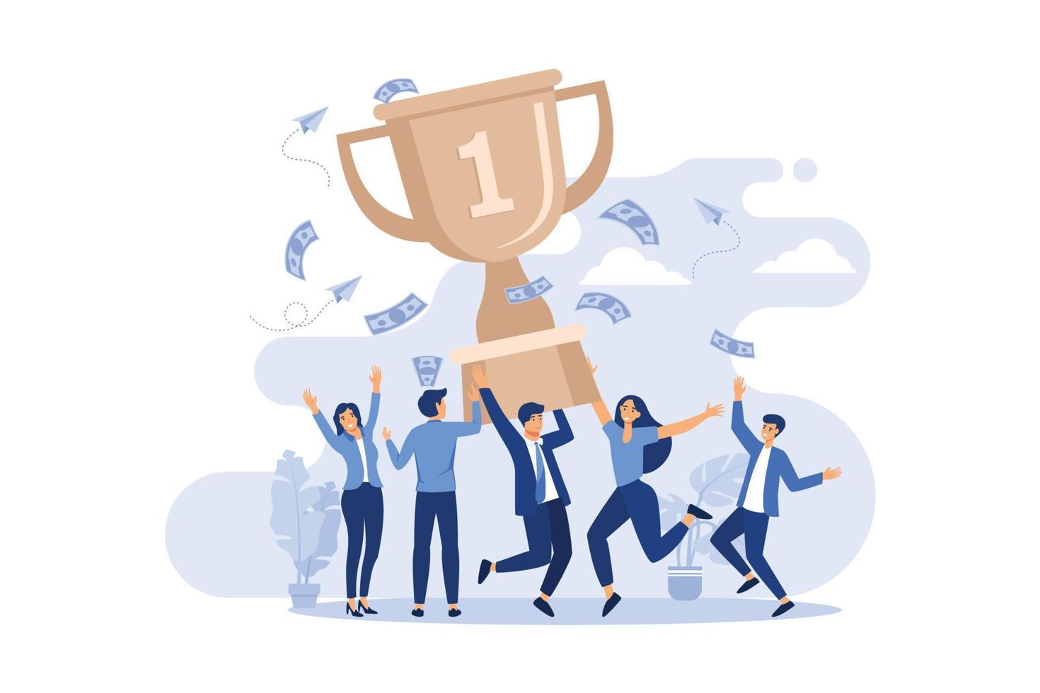 Team of tiny office people employees winning gold cup flat vector illustration. Cartoon happy characters with award or trophy. flat design modern illustration