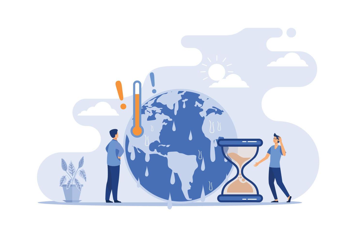 Tiny people with melting planet in background. High temperature and hot weather on Earth, hourglass flat vector illustration. flat design modern illustration