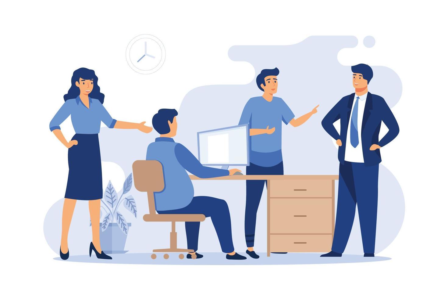 equipo de negocios discutiendo proyecto. empleados discutiendo con la ilustración de vector de jefe. concepto de comunicación corporativa. ilustración moderna de diseño plano