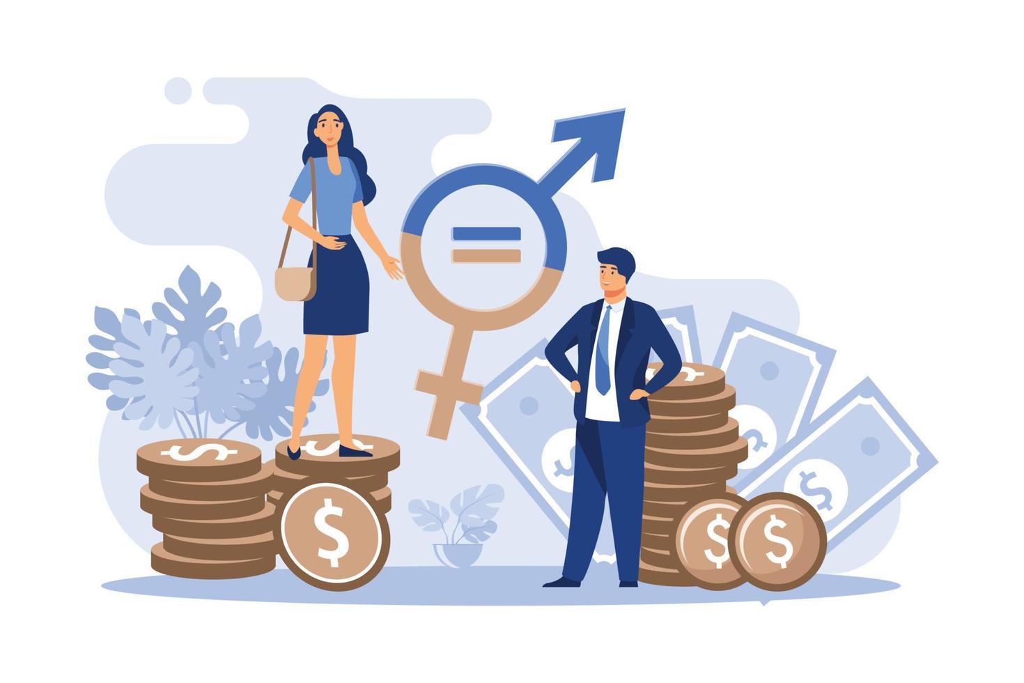 igualdad salarial de género en la ilustración de vector plano aislado de negocios. pequeños personajes femeninos y masculinos felices trabajando juntos con respeto. concepto de diversidad, tolerancia y discriminación.