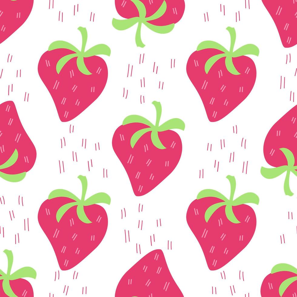 Seamless summer pattern with pink strawberry, stripes decor. Vector background. Wallpaper, wrapping, fabric textile print. Colorful backdrop. Digital paper