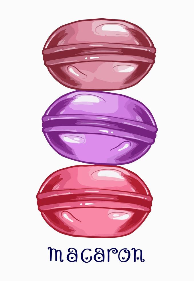 Vector illustration of hand drawn colorful cake macaroons. French pastry macaron. As template of menu design, restaurants, shop, logo. Sweets concept. Sketch style
