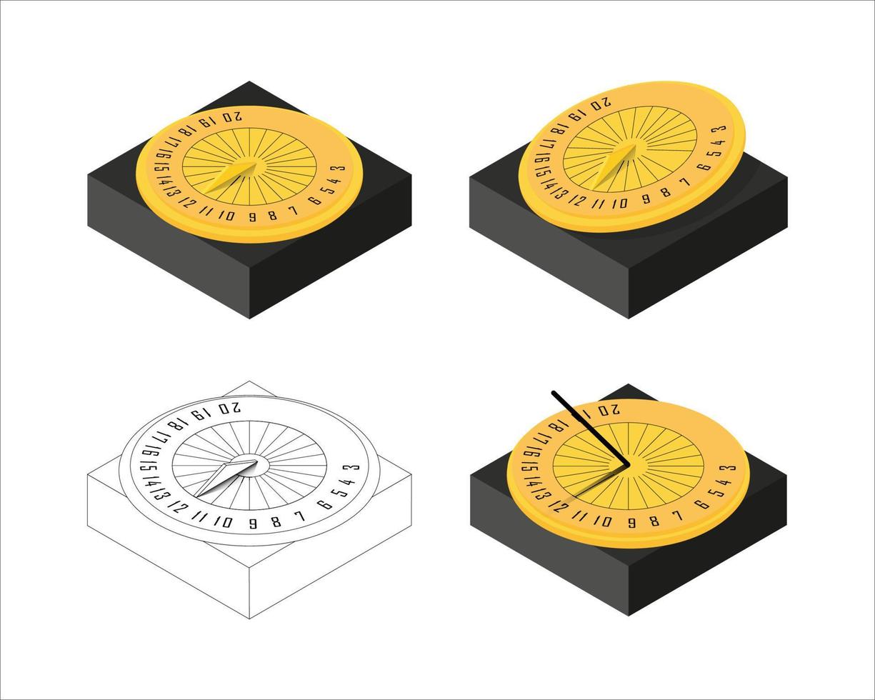 Sundial icon set. Isometric style, outline. Yellow clor. Vector illustration Antique clock