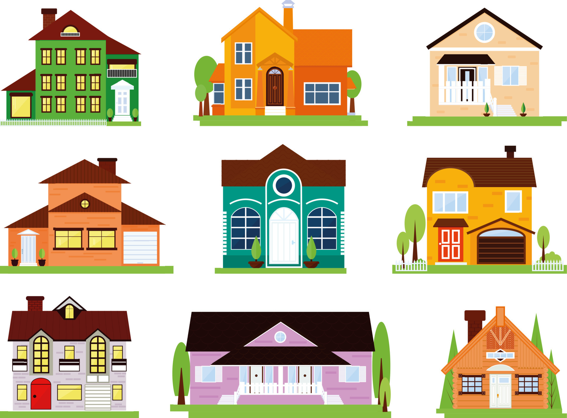 Set of exterior isolated house with doors, windows, garden.vector