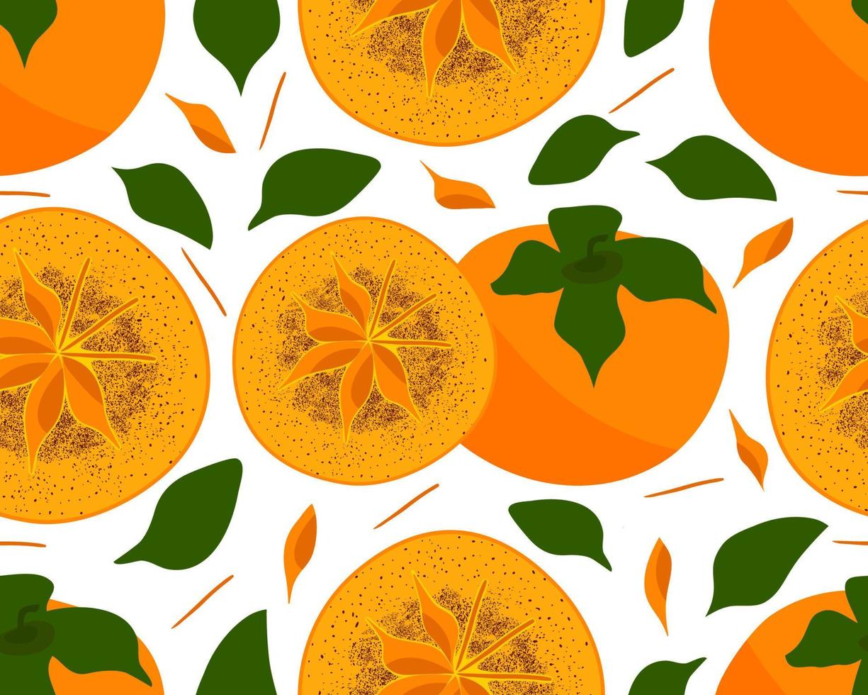 Seamless pattern of persimmon, half fruit, leaves, seed. Organic food background. As wallpaper, wrapping, print for clothes, fabric textile, bag, tshirt vector