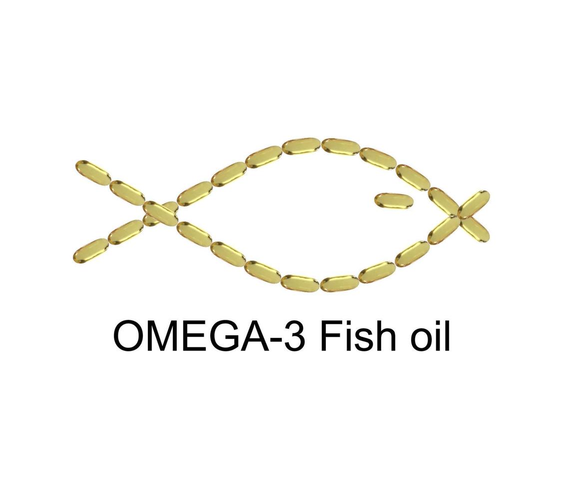 Capsule of omega 3 in forma of fish. Group of pills. Isolated. Healthcare concept. Preventive medicine. Vitamin. As template for design of packaging, image, icon, label. Vector mesh realistic illustra