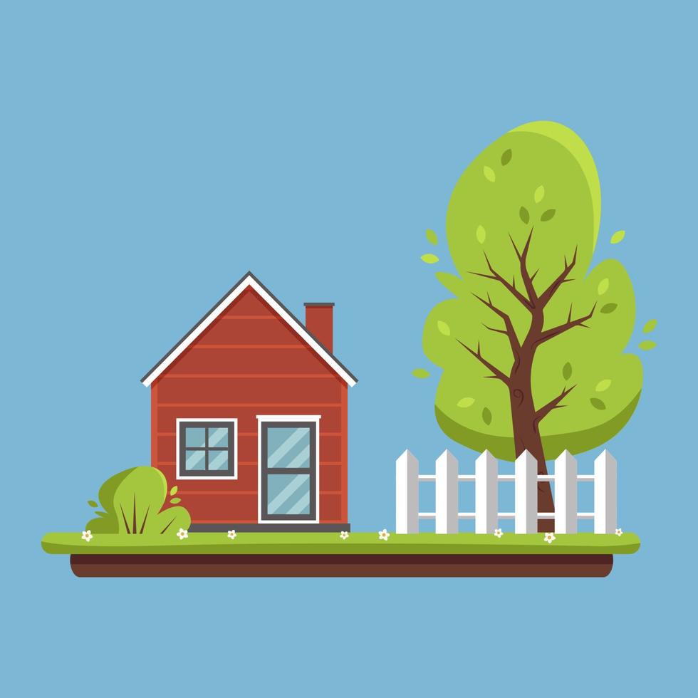 Summer season in the village. Red cottage, fence, green tree and lawn with flowers. Summer landscape. Countryside life. Vector illustration in flat cartoon style.