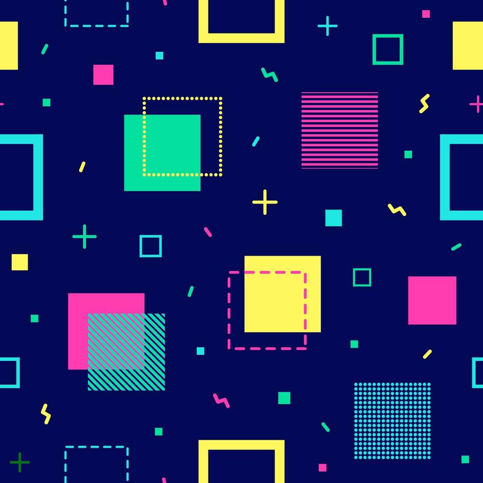 Geometric pattern in memphis 80-90s style. Bright colorful square elements on a dark blue background. Vector illustration.